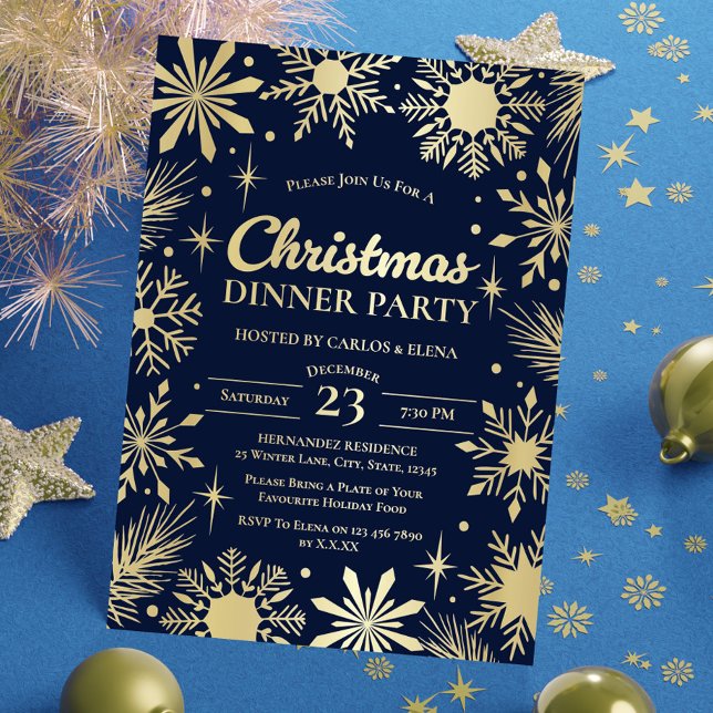 Invitation En Aluminium Dîner de Noël Flocons de Neige Navys (Gold Snowflakes Christmas Dinner Party Navy Foil Invitation)