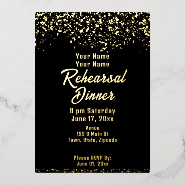 Invitation En Aluminium Dîner de répétition Black and Gold Foil (Recto)