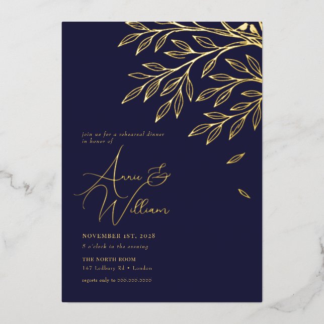 Invitation En Aluminium Dîner de répétition Botanical Gold Leaf Navy  (Recto)