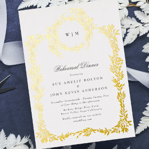 Invitation En Aluminium Dîner de répétition classique Monogram Gold Crest