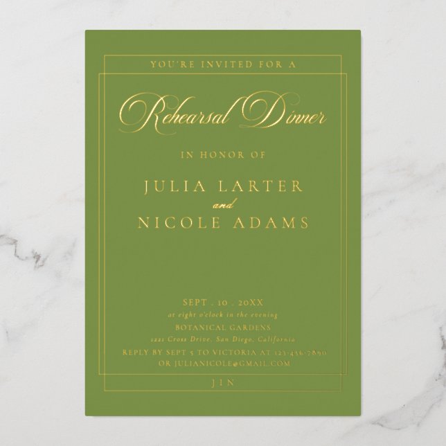 Invitation En Aluminium Dîner de répétition de calligraphie vert or classi (Recto)