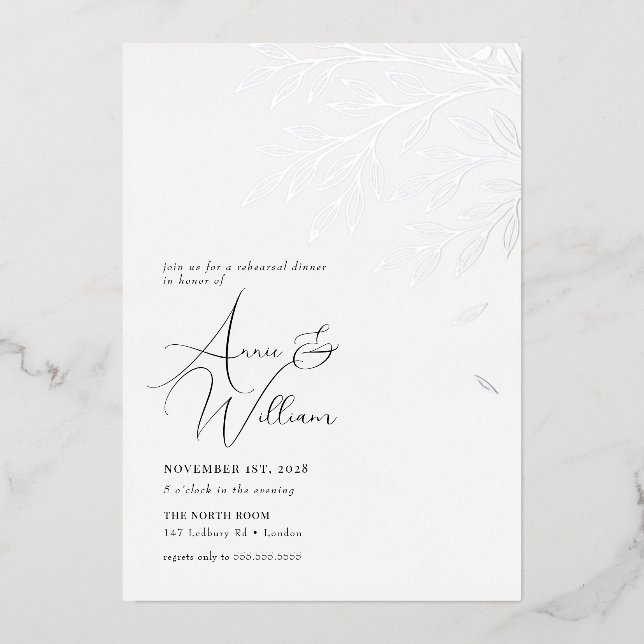 Invitation En Aluminium Dîner de répétition de la feuille d'argent botaniq (Recto)