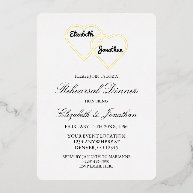 Invitation En Aluminium Dîner de répétition des cœurs entrelacés (Recto)
