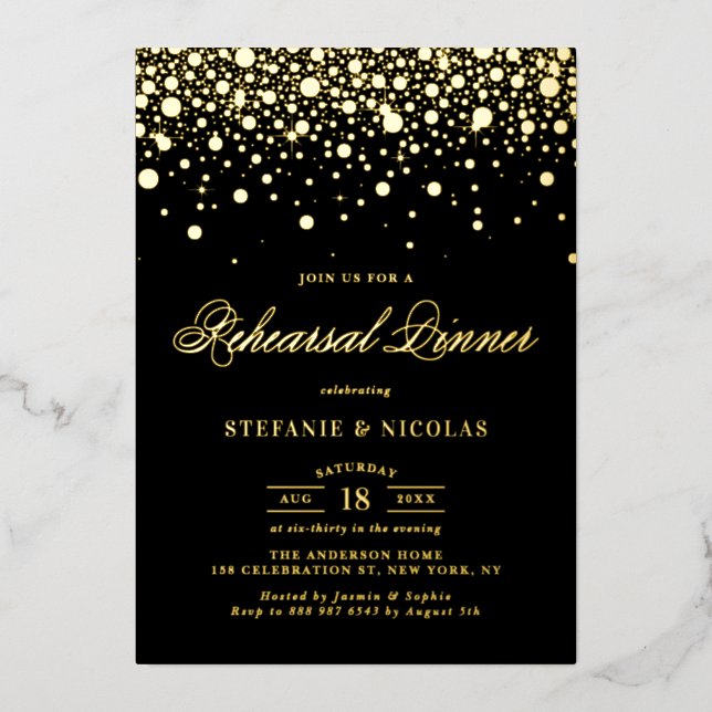 Invitation En Aluminium Dîner de répétition des points Confetti Noir et Or (Recto)