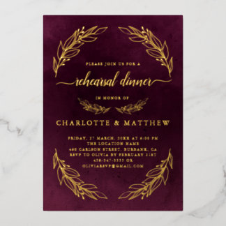 Invitation En Aluminium Dîner de répétition élégant en bordeaux et or