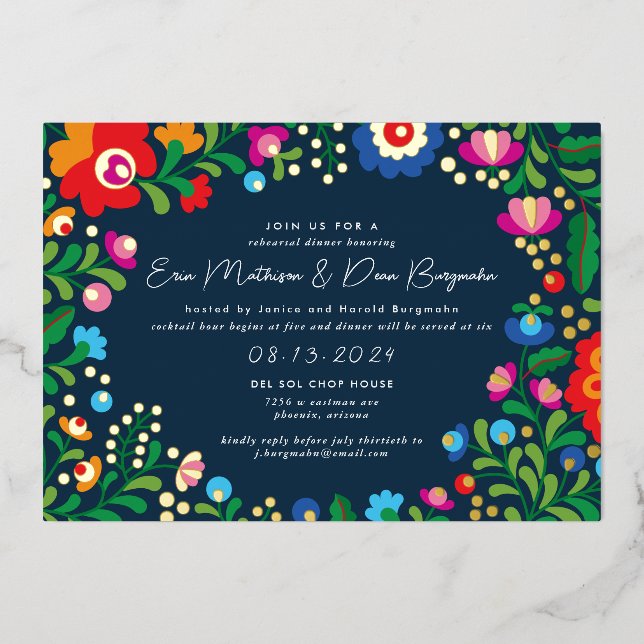 Invitation En Aluminium Dîner de répétition Mariage de broderie mexicaine (Recto)