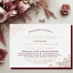 Invitation En Aluminium Dîner de répétition Mariage Lacy Rose Gold & Burgu