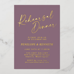 Invitation En Aluminium Dîner de répétition minimaliste Script Purple Gold