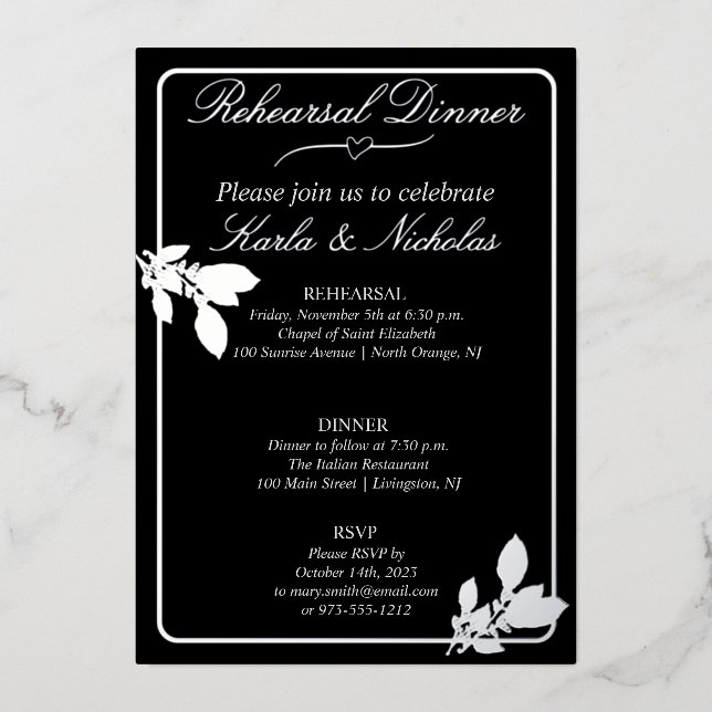 Invitation En Aluminium Dîner de répétition noire Fleurs de tulipes (Recto)