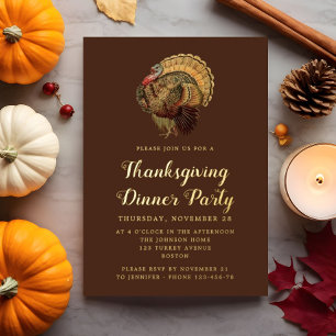 Invitation En Aluminium Dîner de Thanksgiving de dinde élégant vintage or