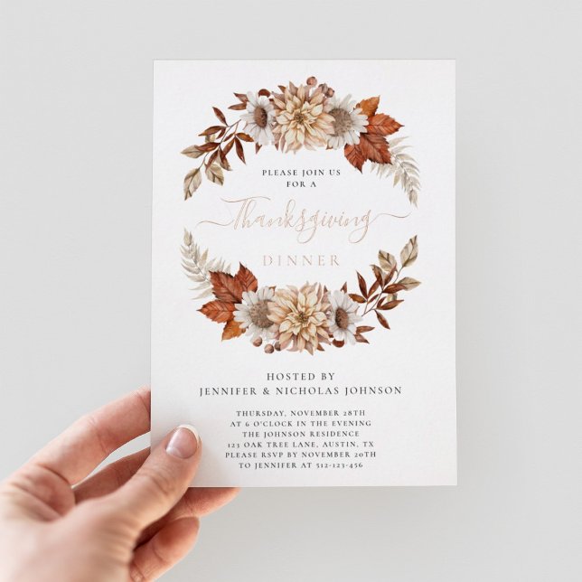 Invitation En Aluminium Dîner de Thanksgiving Fleurs d'Automne Rustique (Front - Rustic Fall Floral Thanksgiving Dinner Foil Invitation)