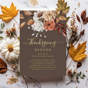 Invitation En Aluminium Dîner de Thanksgiving Floral Automnal Élégant Or