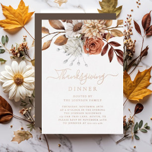 Invitation En Aluminium Dîner de Thanksgiving Floral Automnal Élégant Rose