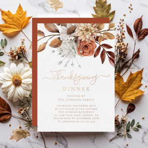 Invitation En Aluminium Dîner de Thanksgiving Floral Automnal Élégant Rose