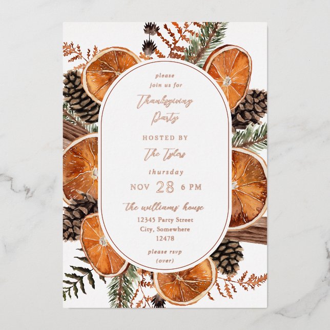 Invitation En Aluminium Dîner de Thanksgiving Oranges Rustique Fêtes (Recto)
