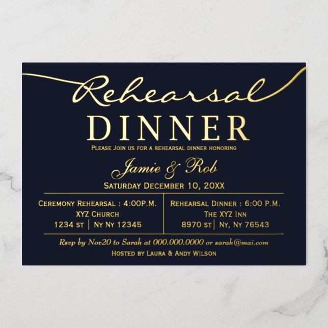 Invitation En Aluminium Dîner simple Elegant Luxe Marine Gold Rehears (Recto)