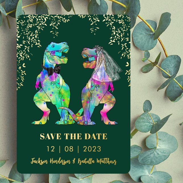 Invitation En Aluminium Dinosaur Bride and Groom Weddding Green Gold (Colorful Dinosaur T-Rex bride and groom wedding save the date green and gold foil invitation )
