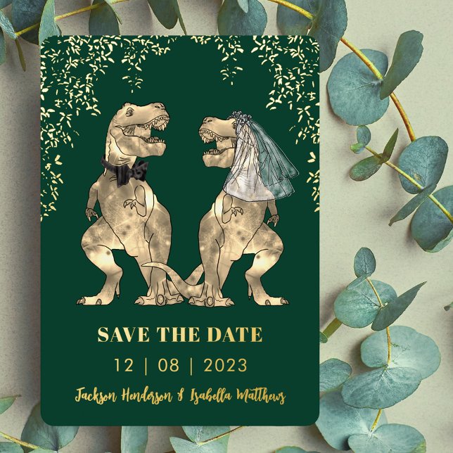 Invitation En Aluminium Dinosaur Bride and Groom Weddding Green Gold (Dinosaur wedding save the date green and gold foil invitation Elegant modern eucalyptus foliage)