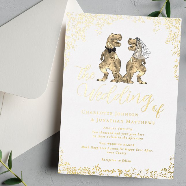 Invitation En Aluminium Dinosaur Bride and Groom Wedding White and Gold (Elegant Dinosaur theme wedding white and gold foil eucalyptus foliage invitation)