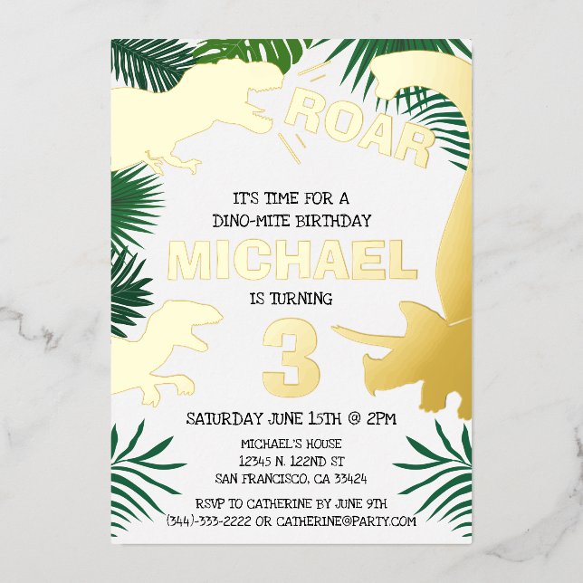 Invitation En Aluminium Dinosaur Enfants Gold Dinos Trex Anniversaire (Recto)