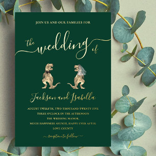 Invitation En Aluminium Dinosaur mariage T-Rex Mariée et Groom Green Gold