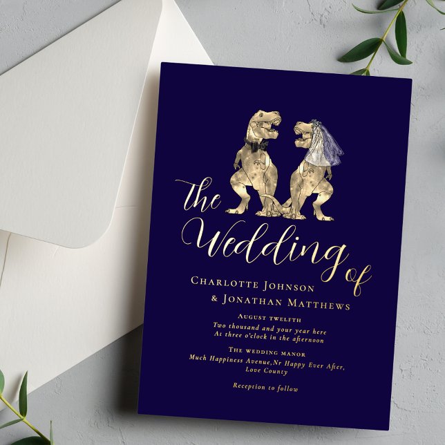 Invitation En Aluminium Dinosaur Thème Mariage Marine Blue Gold (Dinosaur theme wedding navy blue gold foil invitation elegant modern calligraphy script T-Rex Dino)
