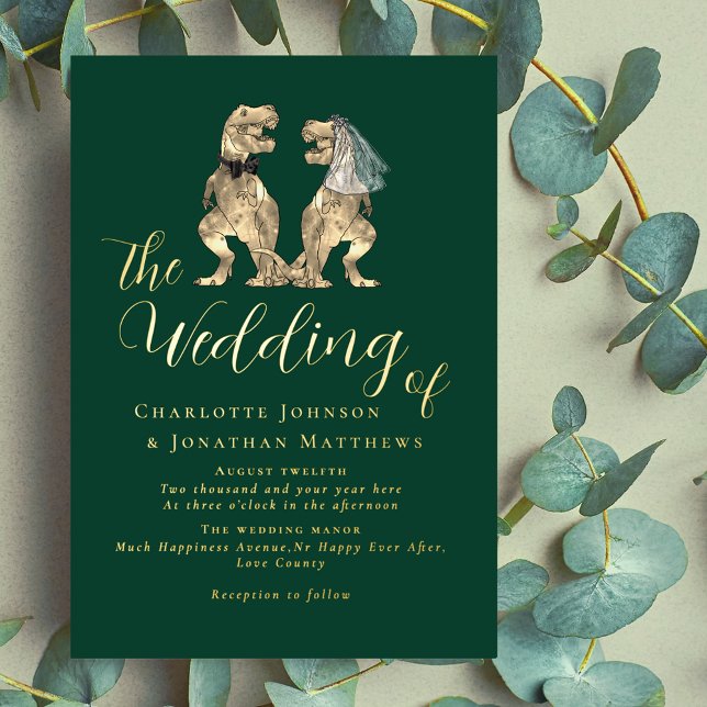 Invitation En Aluminium Dinosaur Thème Mariage Vert et Or (Dinosaur theme wedding dark green and elegant gold foil script invitation T-Rex dino bride & groom)