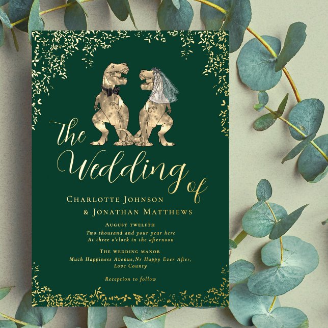 Invitation En Aluminium Dinosaure Mariage Vert foncé et or (Dinosaur wedding t-Rex bride and groom dark green gold foil wedding invitation Elegant script )