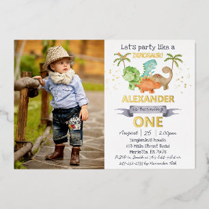 Invitation En Aluminium Dinosaures Jurassique 1er Anniversaire Photo Or Ré