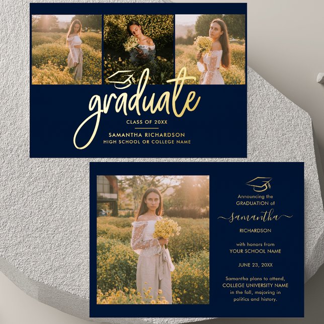 Invitation En Aluminium Diplômé 2025 Photo Collage Marine Blue Gold (Graduation 2025 Multi Photo Script Gold Foil Announcement)