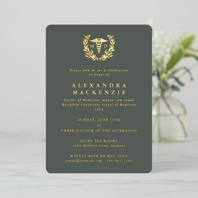 Invitation En Aluminium Diplôme Caducée MD + Couronne de Laurier Vert-Gris (Debout devant)