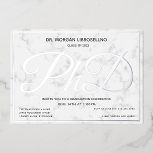 Invitation En Aluminium Diplôme de doctorat Argenté et Marbre Blanc