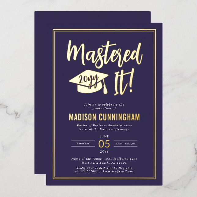Invitation En Aluminium Diplôme de Master Diplômé Moderne  (Recto/Verso)