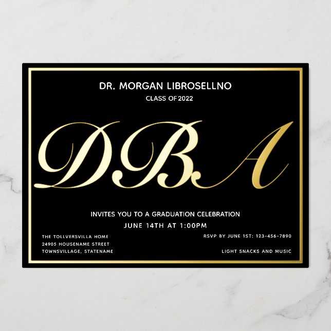 Invitation En Aluminium Diplômé d'or noir DBA (Recto)