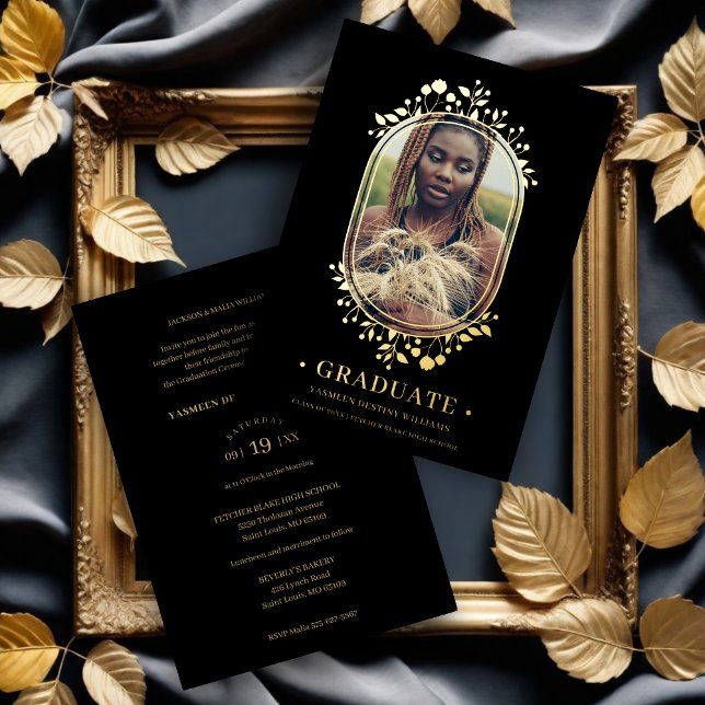 Invitation En Aluminium Diplômé Fancy Botanical Oval Frame Effet doré (Graduate Fancy Botanical Oval Frame Golden effect Real Metallic Foil Invitation Card.)