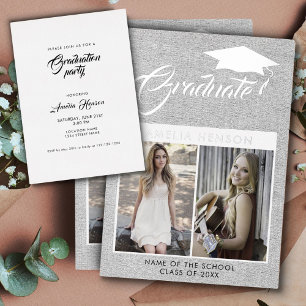 Invitation En Aluminium Diplômé Gris Rustique 2 Photo Graduation Argent