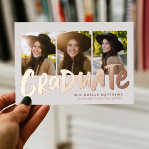 Invitation En Aluminium Diplômé moderne rose or 3 diplôme de photo