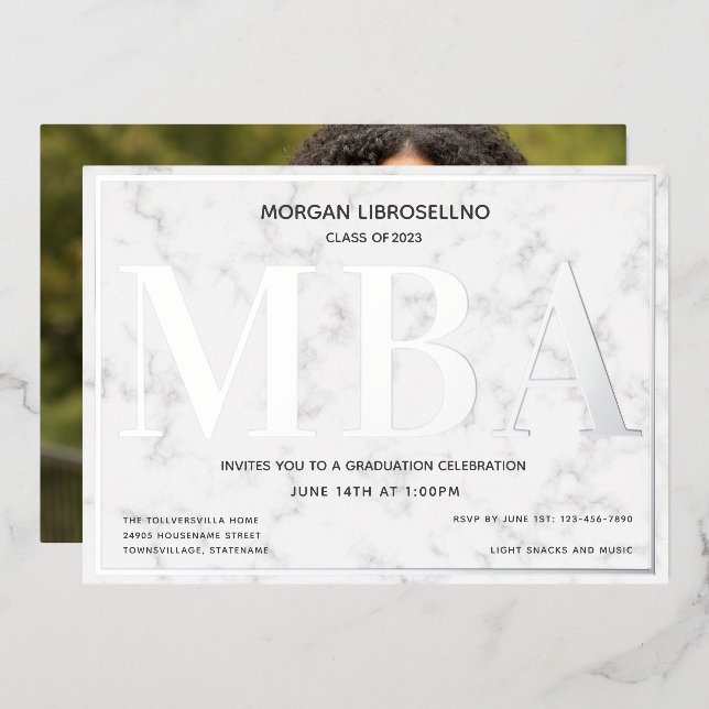 Invitation En Aluminium Diplôme Photo MBA Argent Marbré (Recto/Verso)
