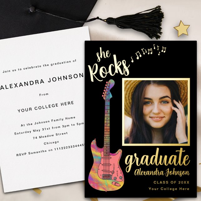 Invitation En Aluminium Diplômé Photo Partie de graduation Script Black Go (Fun pink guitar graduate photo black and gold foil script Graduation party invitation)