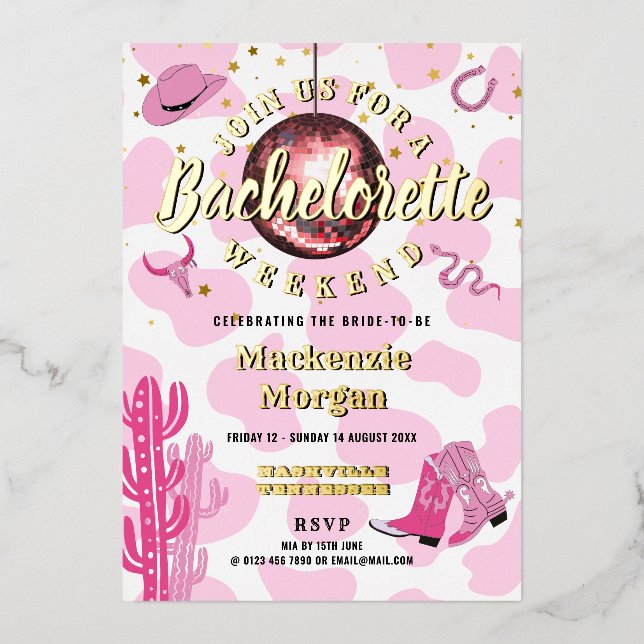 Invitation En Aluminium Disco Cowgirl Bachelorette Week-end (Recto)