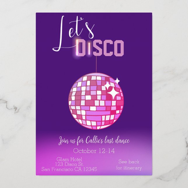 Invitation En Aluminium Disco Neon Bachelorette (Recto)