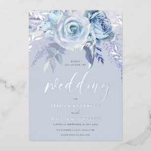 Invitation En Aluminium Divin Bleu Poussiéreux Floral Mariage Argent Réel