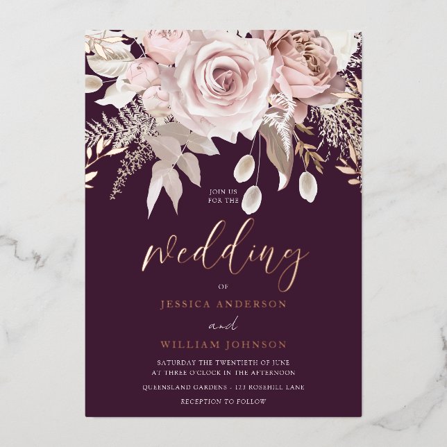 Invitation En Aluminium Divin Rose or Blush Floral Plum Mariage (Recto)