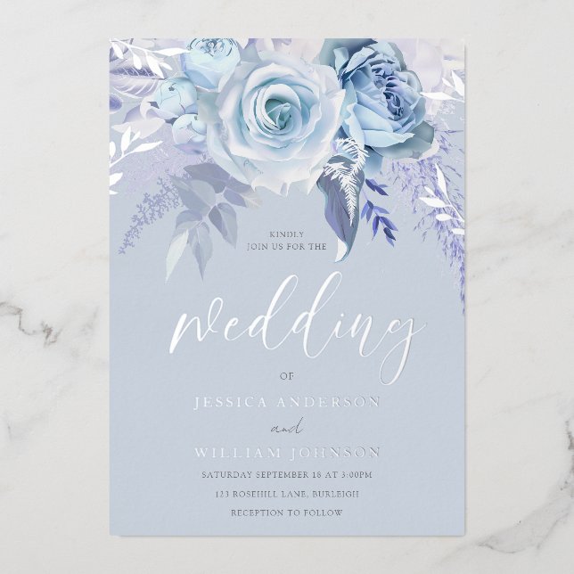 Invitation En Aluminium Divine Dusty Blue Floral Mariage Real Silver (Recto)