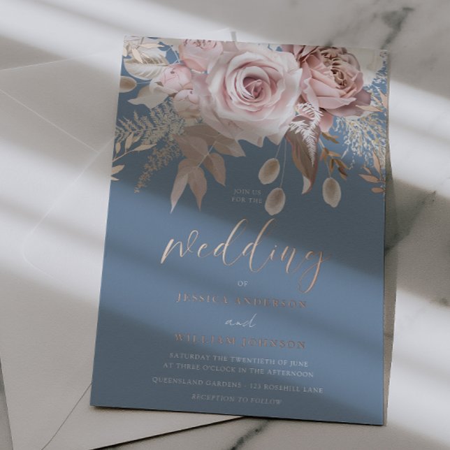 Invitation En Aluminium Divine Rose Gold Blush & Blue Floral Wedding (Créateur téléchargé)
