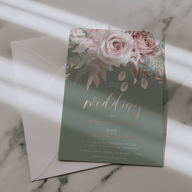 Invitation En Aluminium Divine Rose Gold Blush & Sage Floral Wedding (Créateur téléchargé)