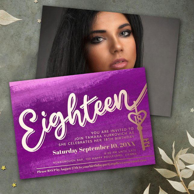 Invitation En Aluminium Dix-huit clé de script 18e anniversaire violet or  (Créateur téléchargé)
