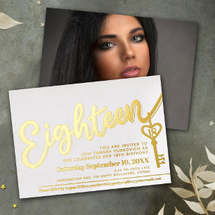 Invitation En Aluminium Dix-huit script clé de texte 18e anniversaire or b