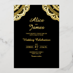 Invitation En Aluminium Double Arche de Mandala Élégante Mariage Noir et O