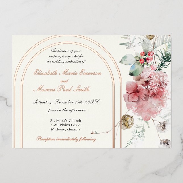 Invitation En Aluminium Double Arche Florale pour Mariage d'Hiver (Recto)